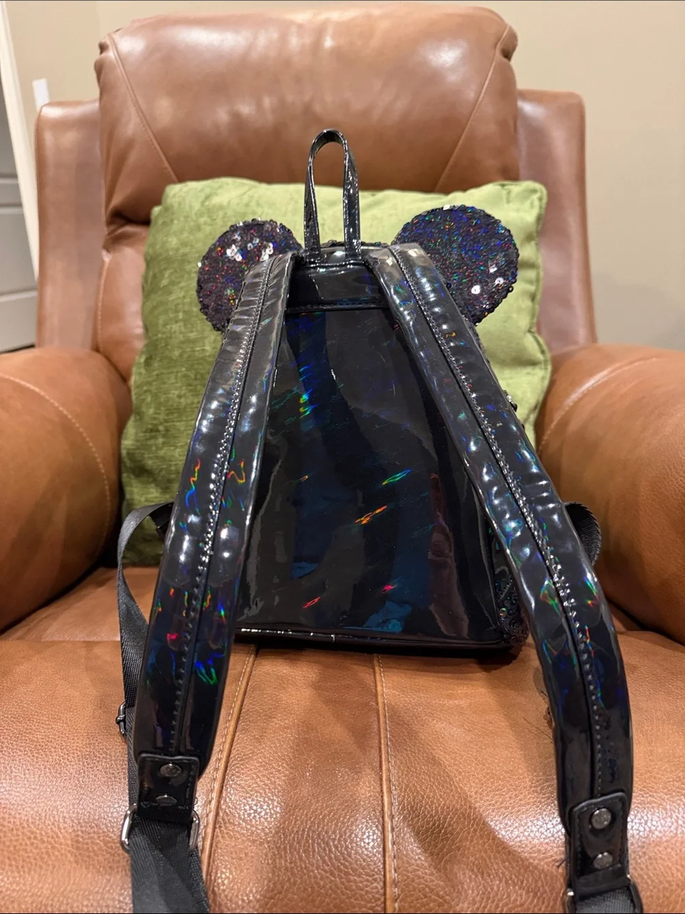 Disney Black Holographic Sequin Minnie Ears Backpack with Black Bow and Straps
